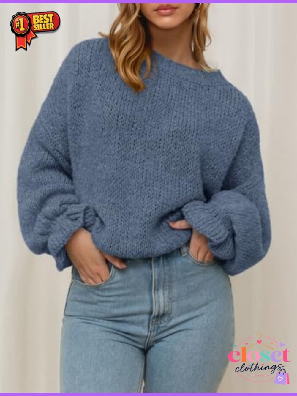 Oversized Chunky Knit Sweater Crew Neck Lantern Sleeve Ruffle Cuff - Picture 2 of 6